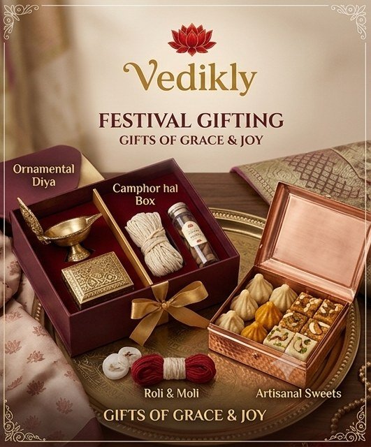 Vedikly festival gifting hampers with ornamental diya, camphor, roli, moli and artisanal sweets