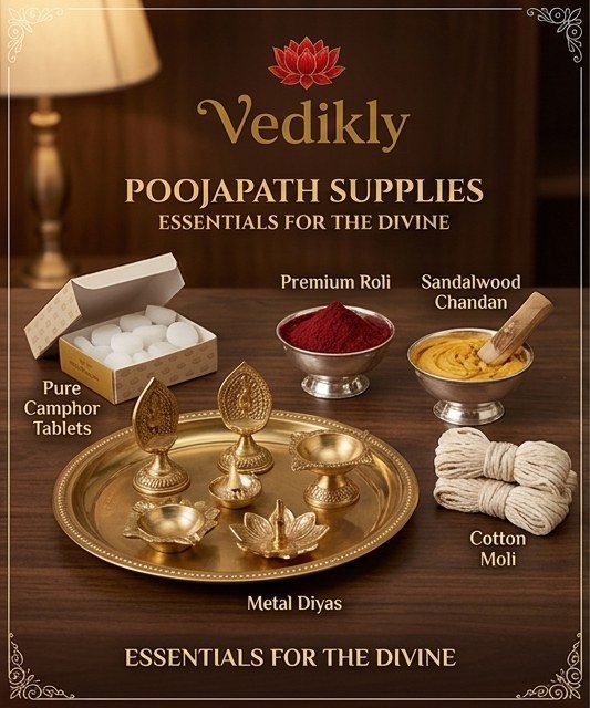Vedikly Poojapath supplies — camphor, roli, chandan, brass diyas and moli