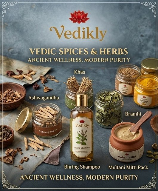 Vedic spices and herbs — ashwagandha, khas, bramhi, bhringraj shampoo and multani mitti