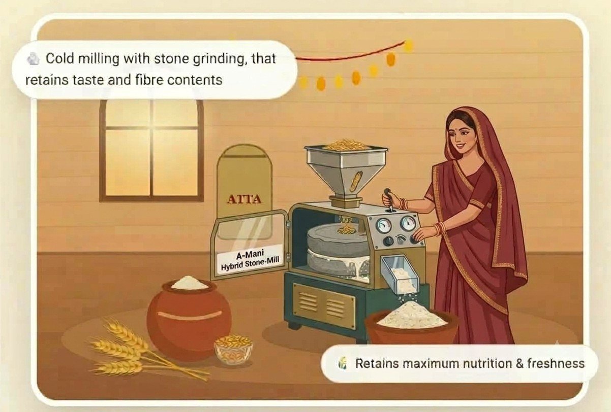 A woman operating a hybrid stone mill that cold-mills fresh atta